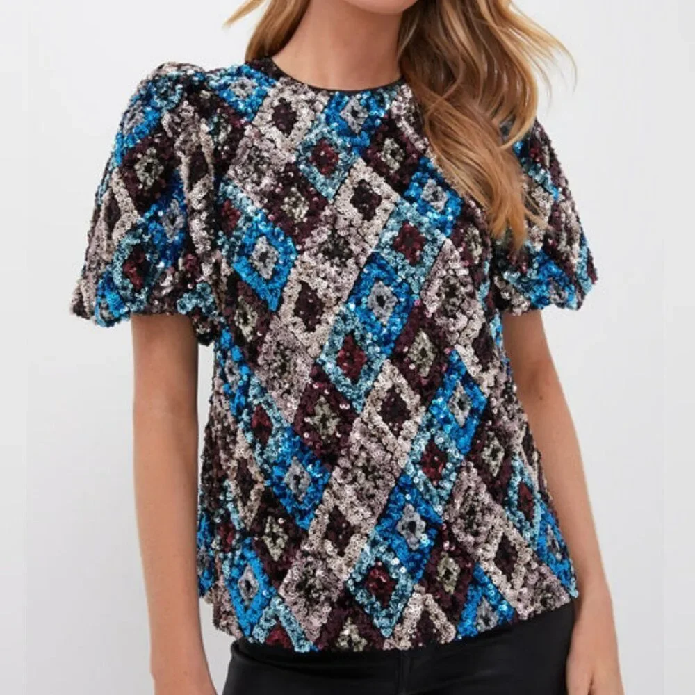 Nwt - Tuckernuck -‎ S - Pomander Place Multi Sequin Jada Blouse Blue